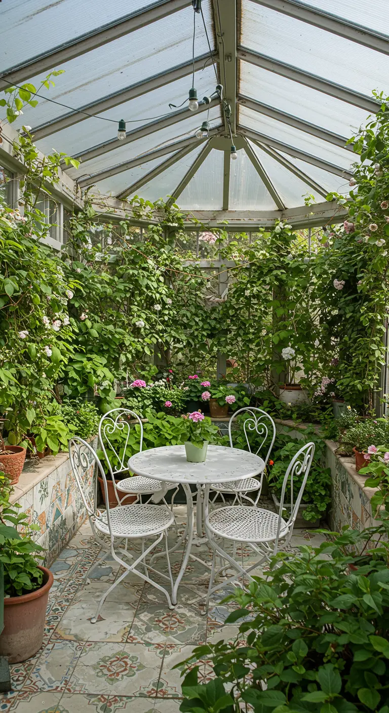 Eetkamer in een kas vol met groene klimplanten en potplanten, met witte metalen tafel en stoelen.