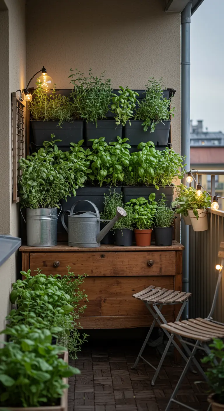 Oude houten ladekast met verticaal plantensysteem en kruiden op een balkon.