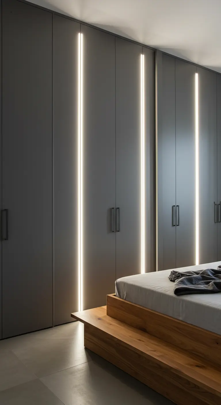 Grijze inbouwkasten in slaapkamer met verticale LED-strips tussen de deuren.