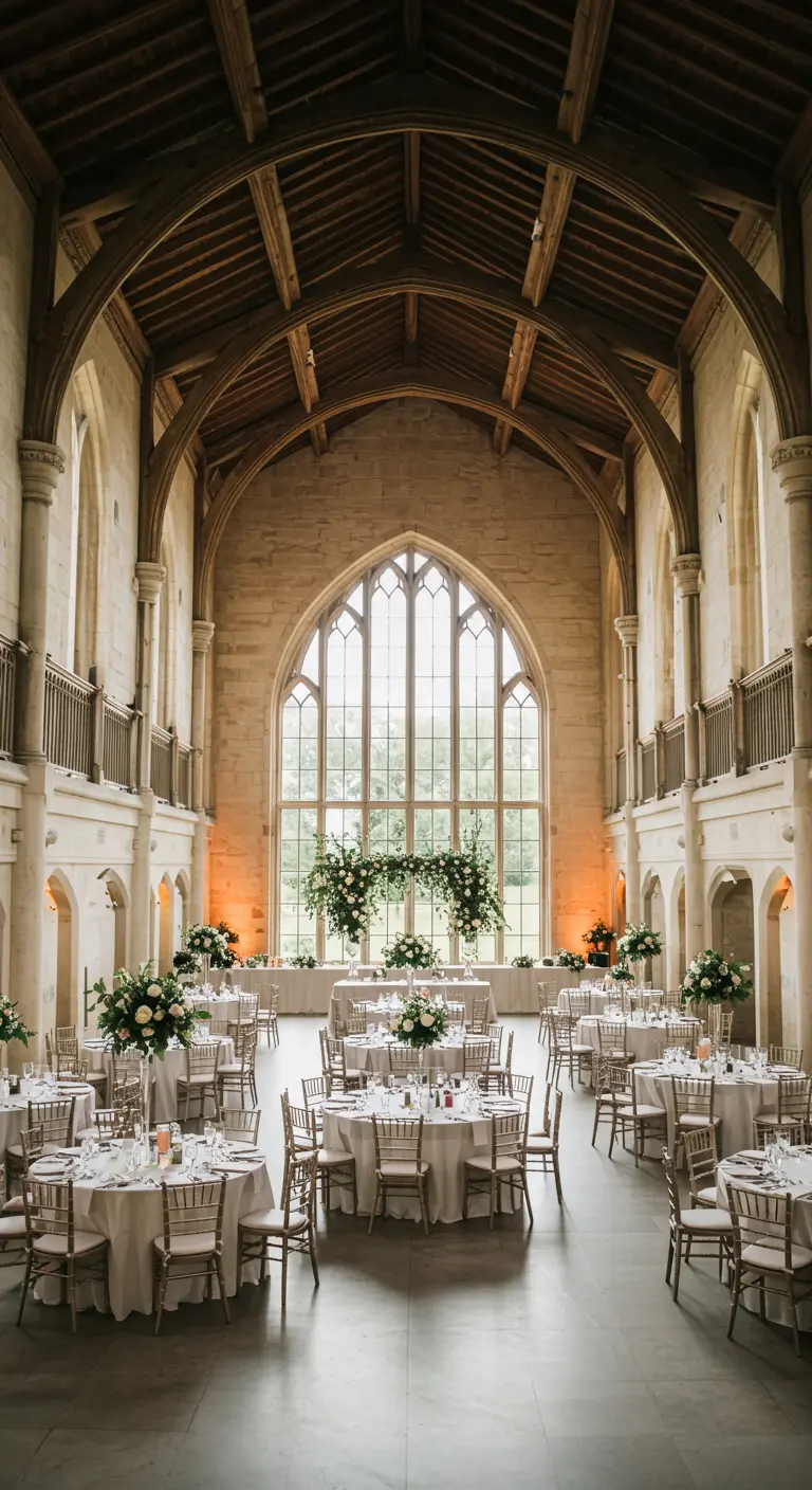 Kasteelzaal met ronde dinertafels, witte tafelkleden en klassieke bloemstukken.