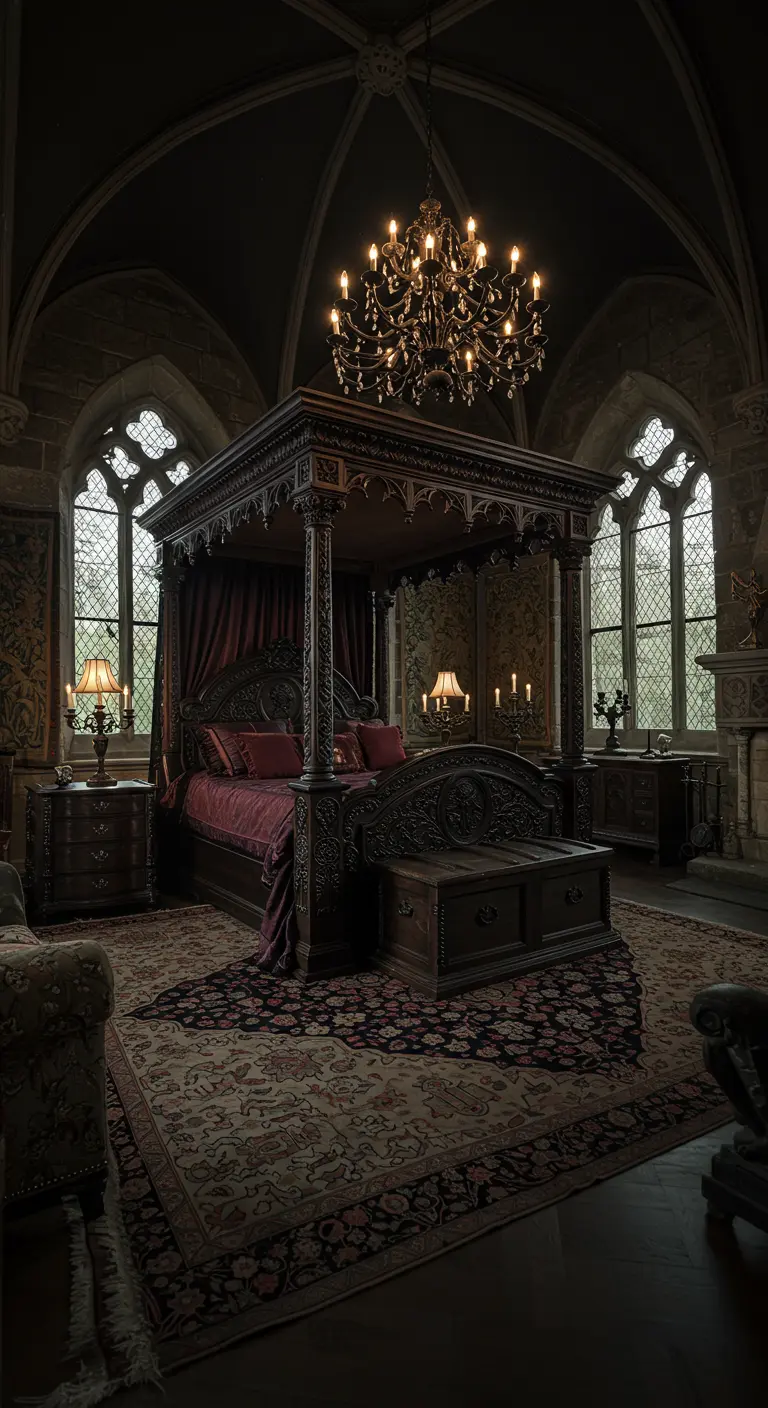 Donkere gotische slaapkamer met zwaar houten hemelbed, kroonluchter en antiek tapijt.