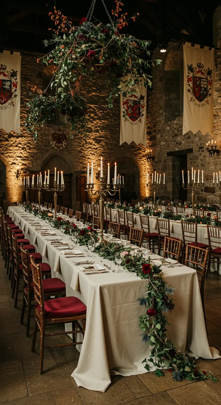 Lange bruiloftstafel in kasteelsetting met linnen en bloemenguirlande.