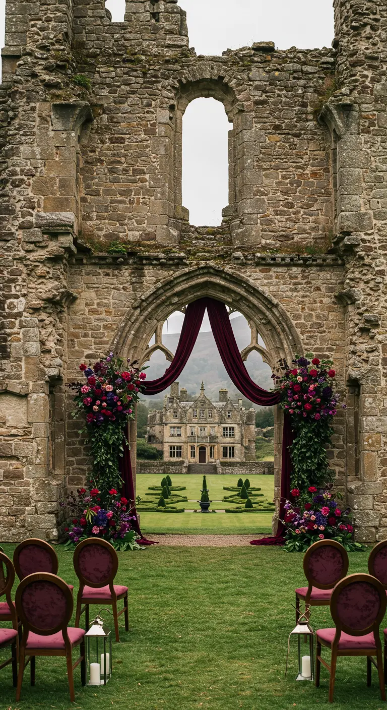 Stenen kasteelpoort met bordeauxrode draperie en weelderige bloemen, uitzicht op kasteel.