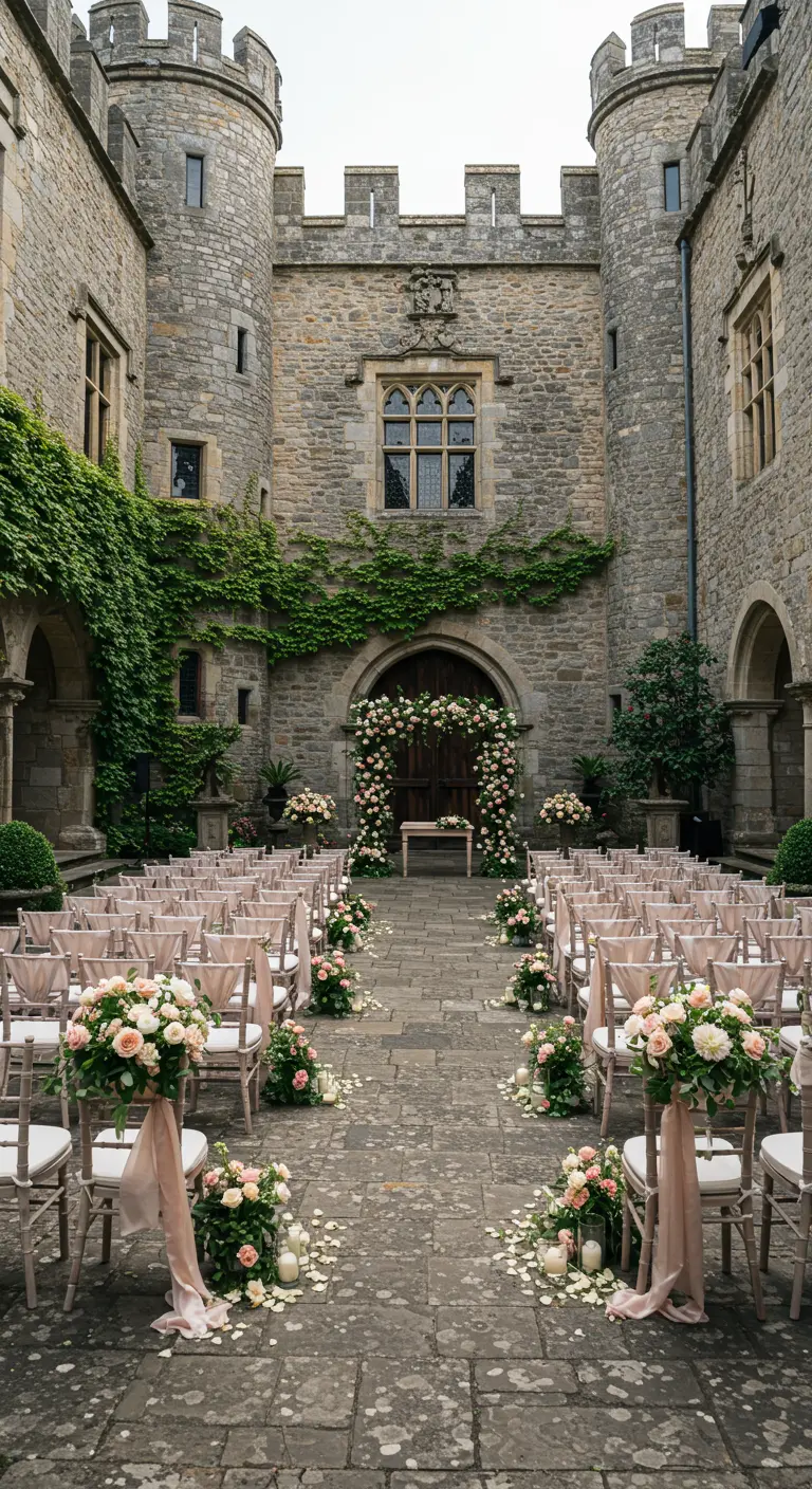 Kasteelbruiloft ceremonie op binnenplaats met roze en witte rozen decoratie.