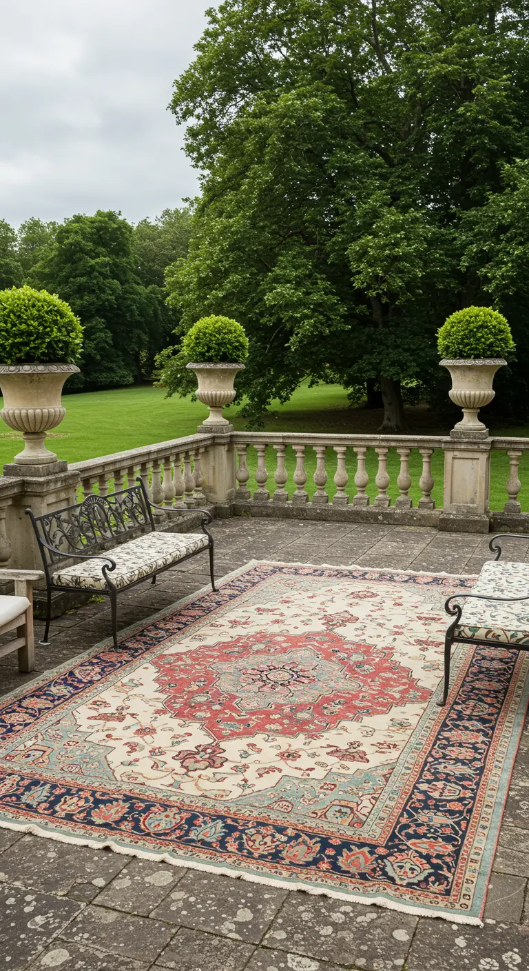 Klassiek stenen terras met smeedijzeren bankjes en een groot, traditioneel Perzisch buitenkleed.