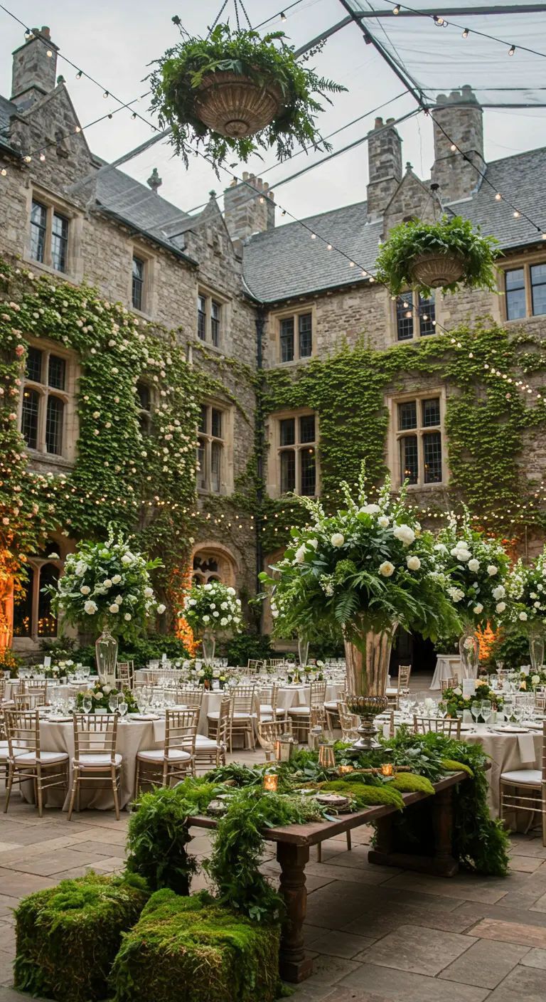 Binnenplaats van een kasteel met gedekte tafels, grote bloemstukken, mos en hangend groen.