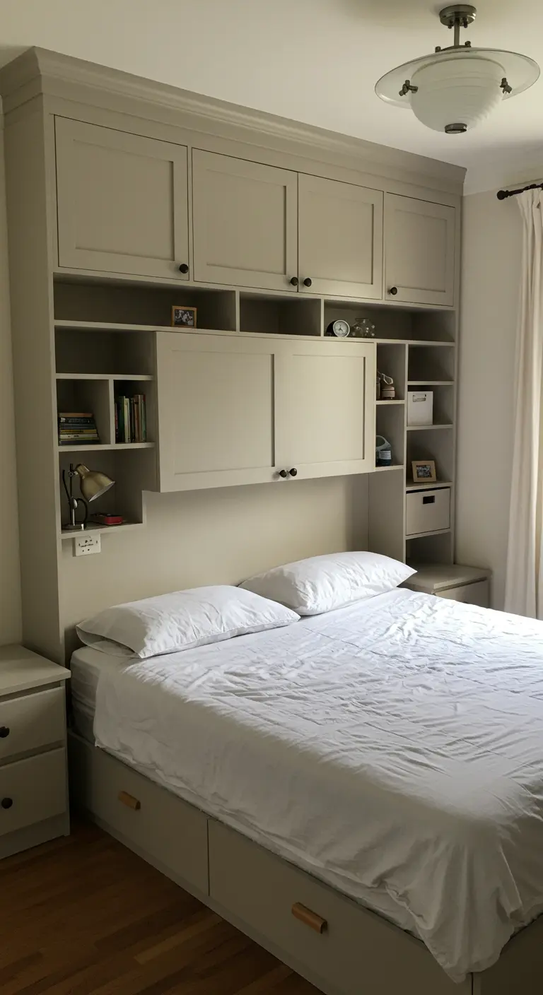 Witte slaapkamer met een bed omringd door een volledige ingebouwde kastenwand met open nissen.