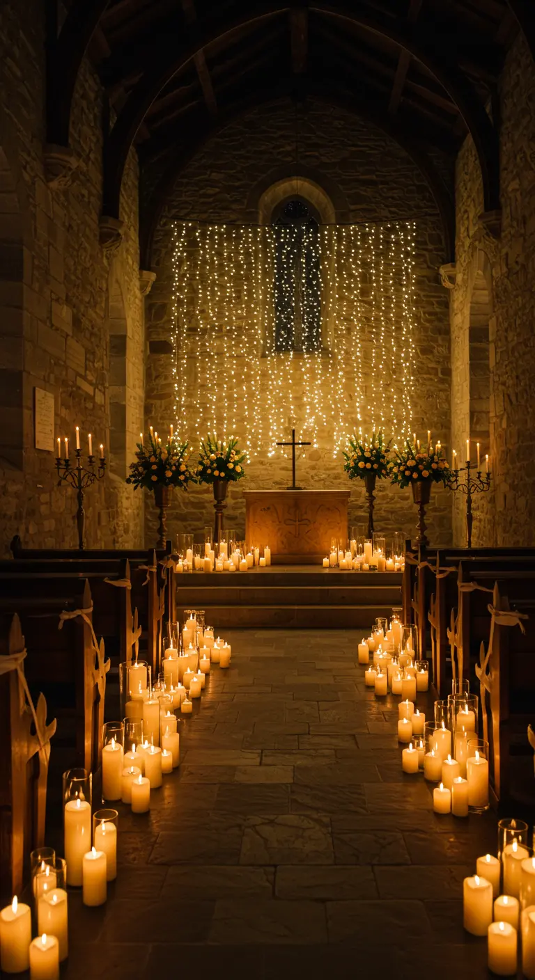 Kerkinterieur verlicht door talloze kaarsen langs het gangpad en een lichtgordijn bij het altaar.