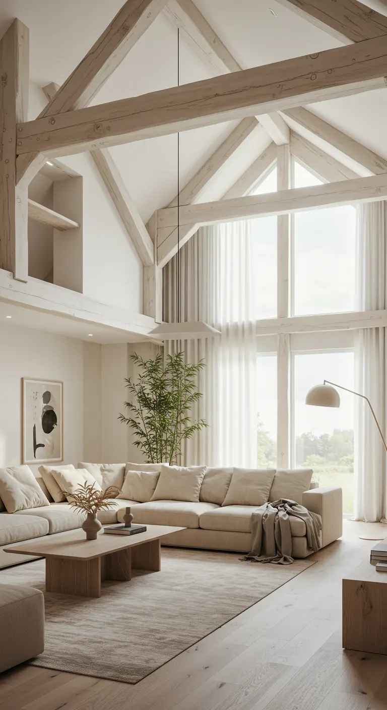 Ruime Scandinavische woonkamer met hoog plafond, houten balken en lichte meubels.