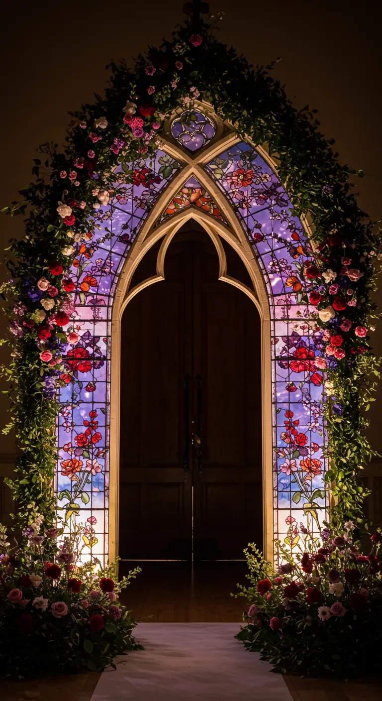 Bloemenboog gestyled als een verlicht kathedraalraam met kleurrijke bloemen.