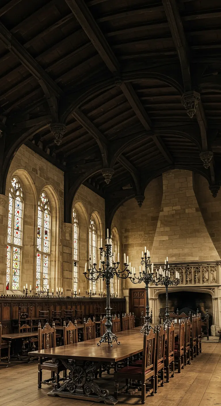Historische eetzaal met extreem hoog plafond en grote kandelaars