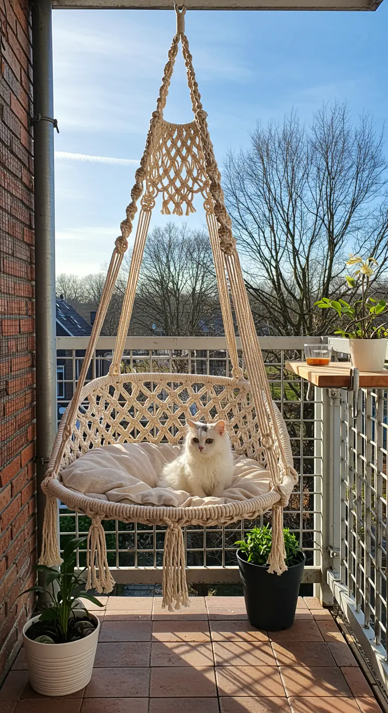 Witte kat relaxt in een beige macramé hangstoel op een zonnig balkon.