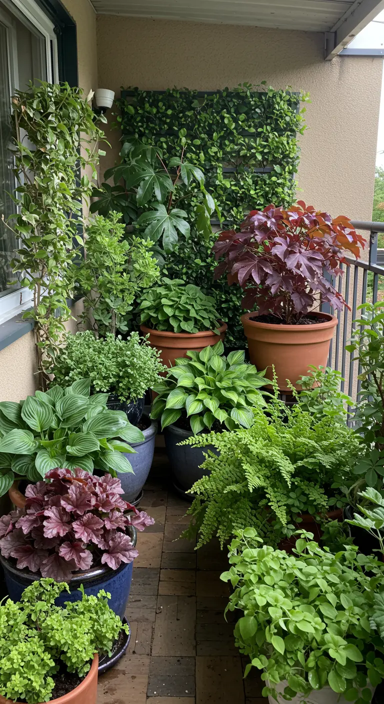 Balkon vol potten met Brunnera, Heuchera, Hosta's en varens, en een groene wand.