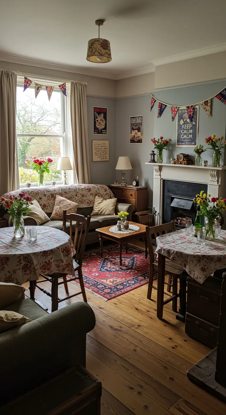 Verjaardagsfeest in Britse landhuisstijl met bloemen en vlaggetjes.