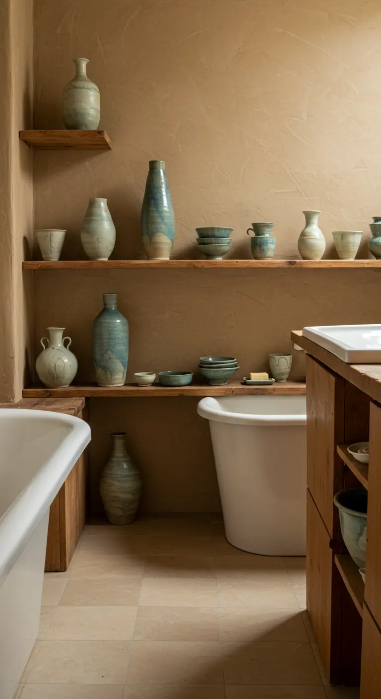 Wabi-sabi badkamer met aardetinten muren en open houten planken met een collectie keramiek.