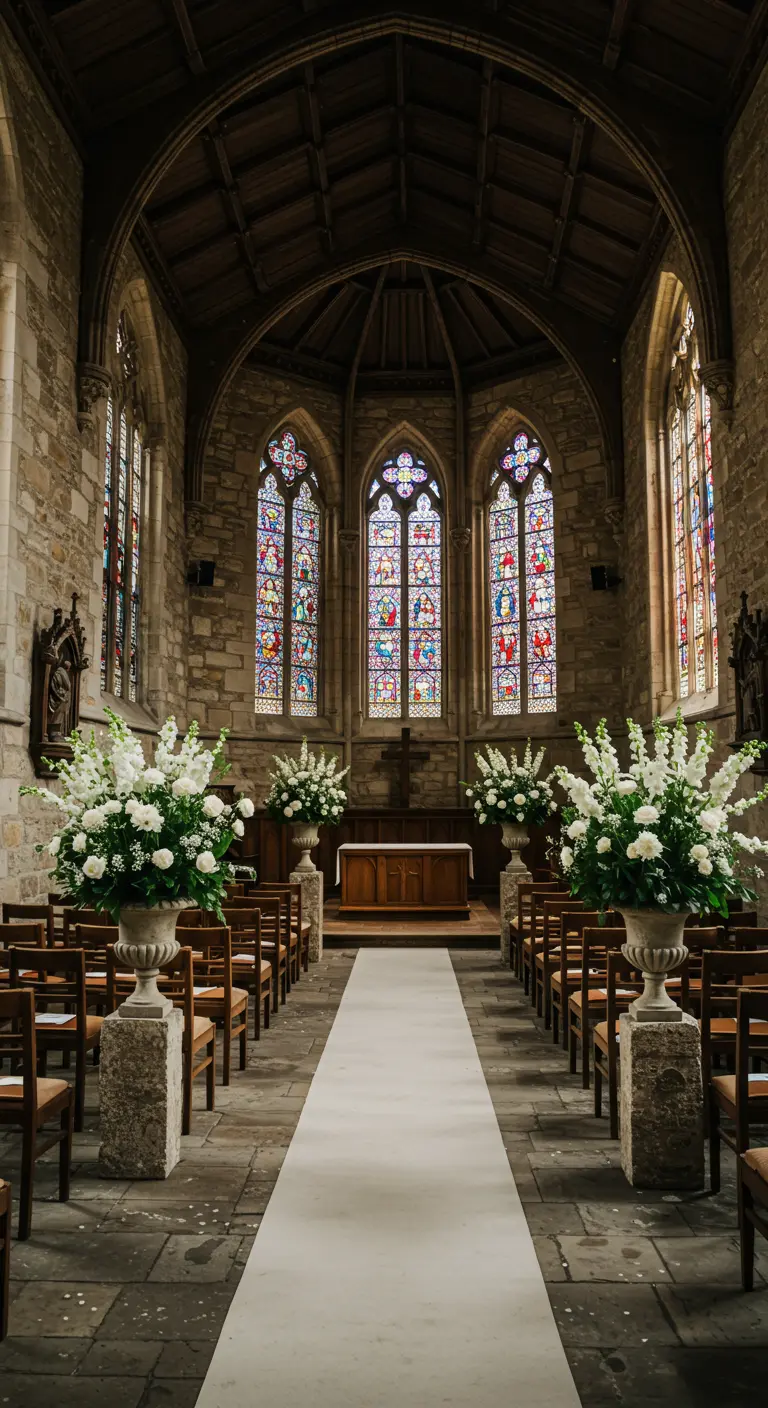 Kerkinterieur met witte loper en grote witte bloemstukken in stenen urnen.