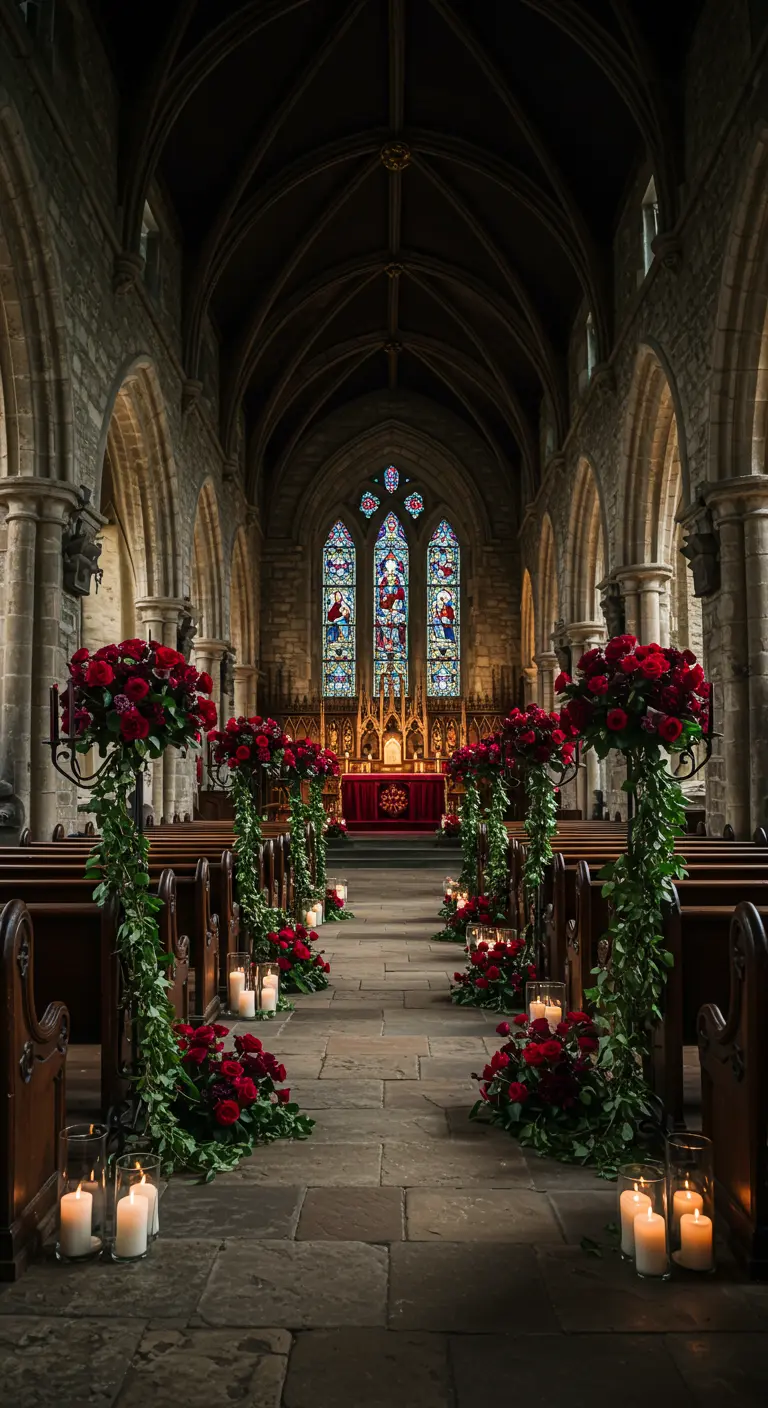 Kerkinterieur met gangpad versierd met rode rozen op standaarden en vele brandende kaarsen.