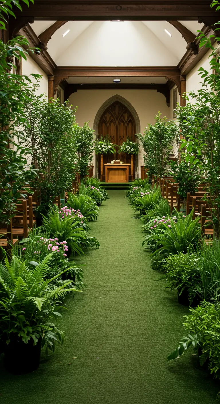 Kerkpad omzoomd met rijen varens en groene planten, leidend naar het altaar.