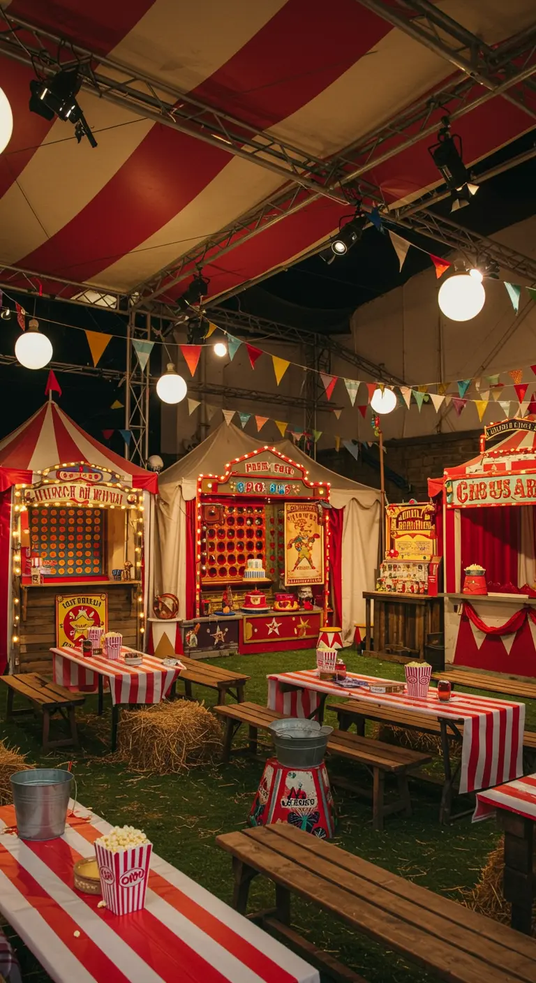 Verjaardagsfeest met vintage kermis thema, spelletjes en popcorn.