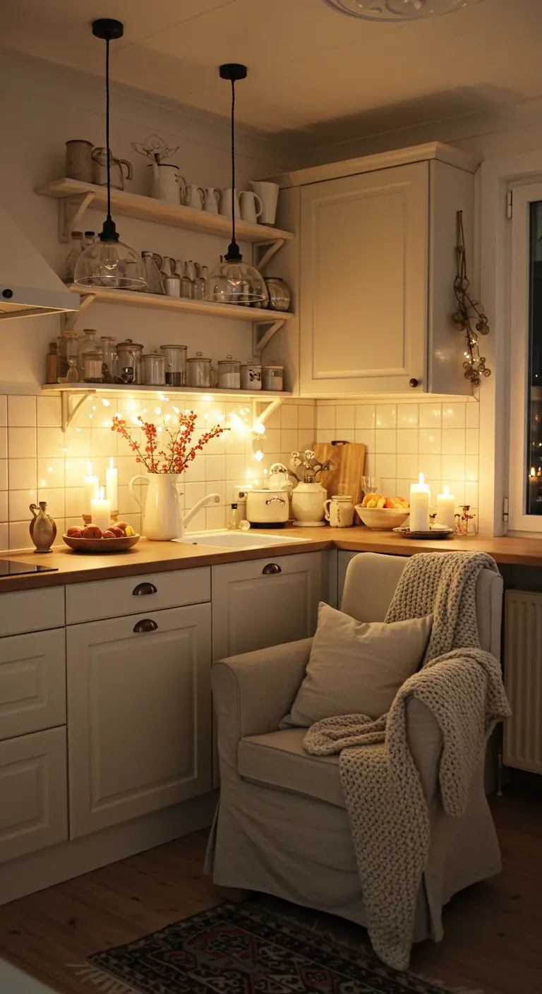 Knusse Scandinavische keuken met fauteuil en veel sfeerverlichting.
