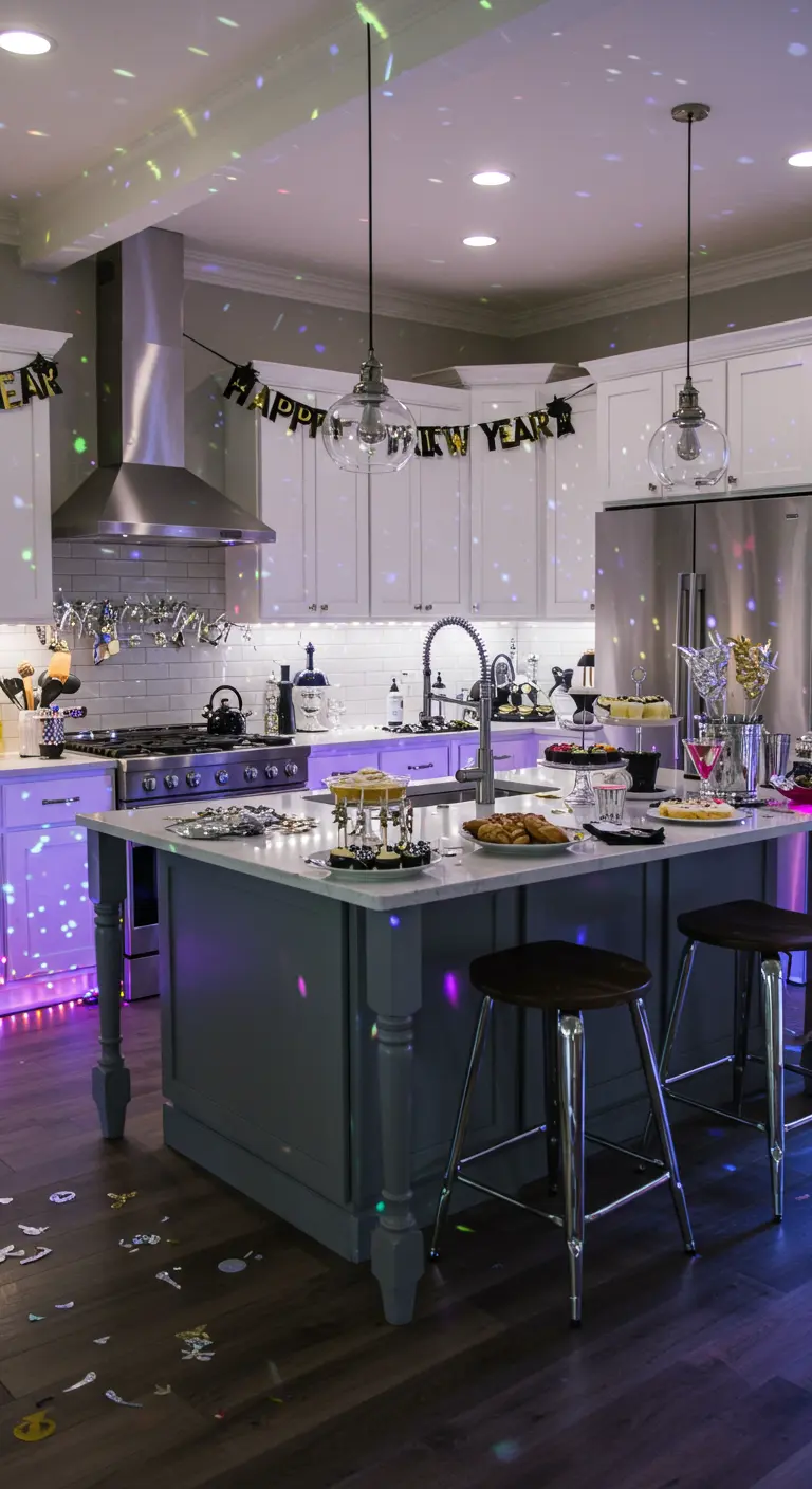 Keuken verlicht met kleurrijke disco lichtprojecties en 'Happy New Year' slinger.
