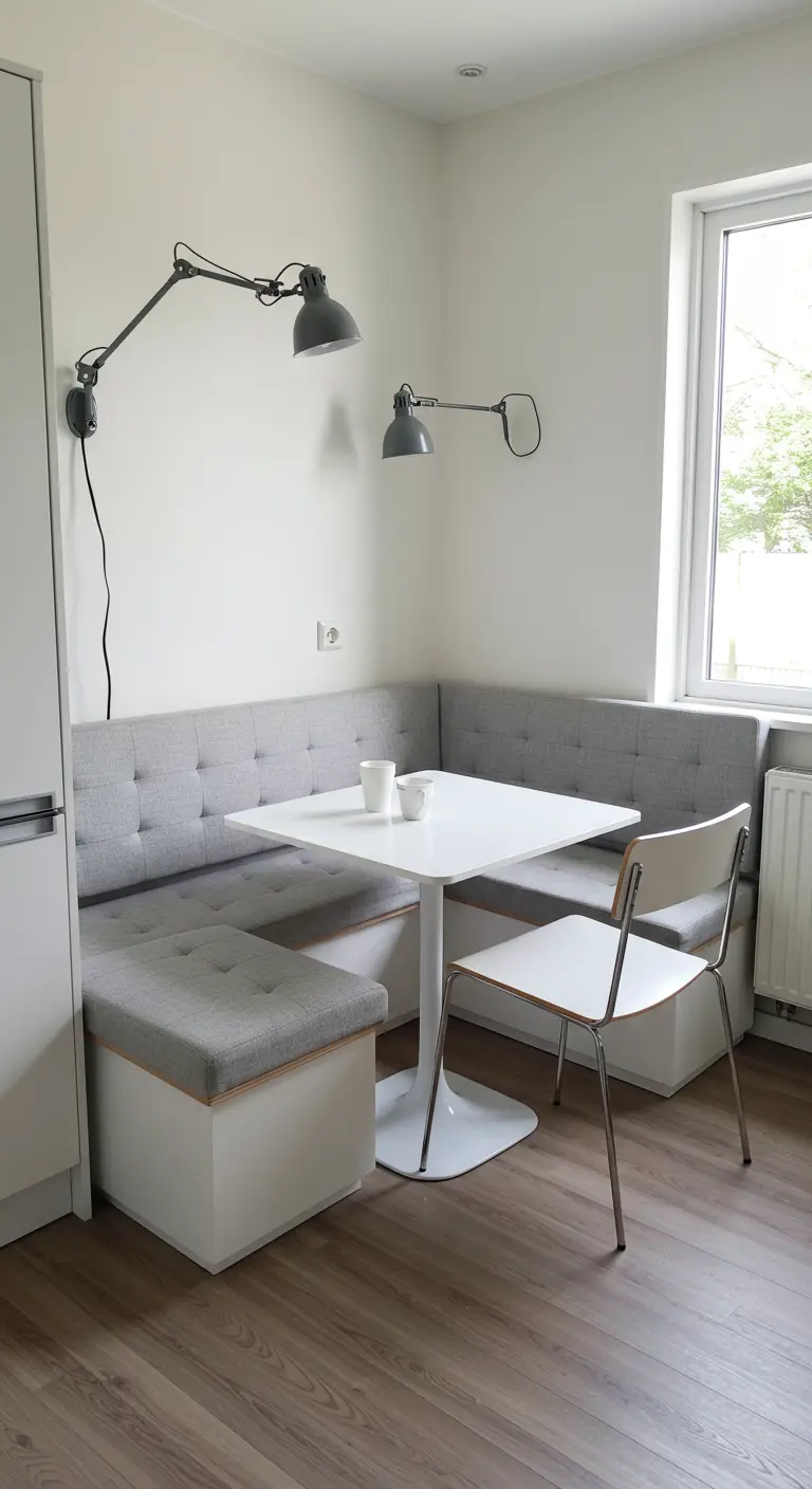 Grijze hoekbank in keuken met witte vierkante tafel en witte stoel.