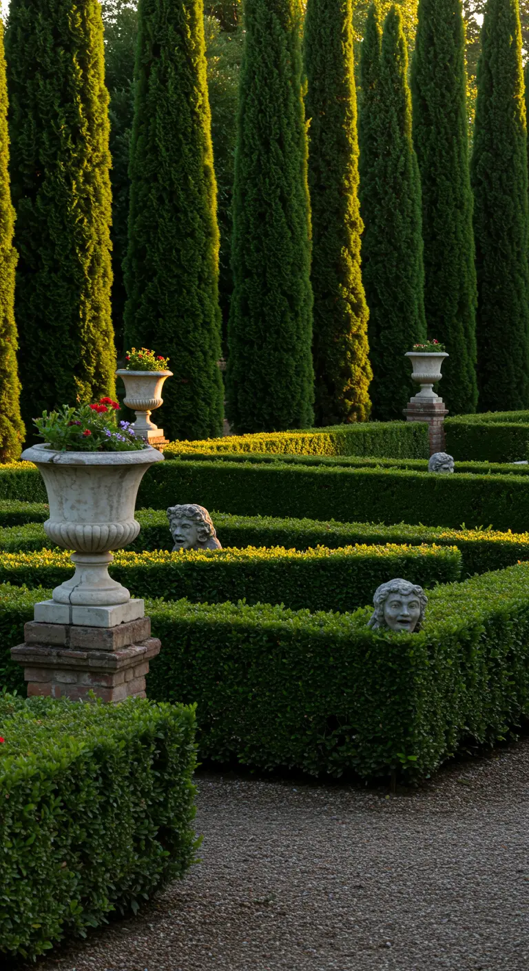 Formele tuin met strakke heggen waar klassieke stenen hoofden bovenuit kijken, en grote stenen urnen.