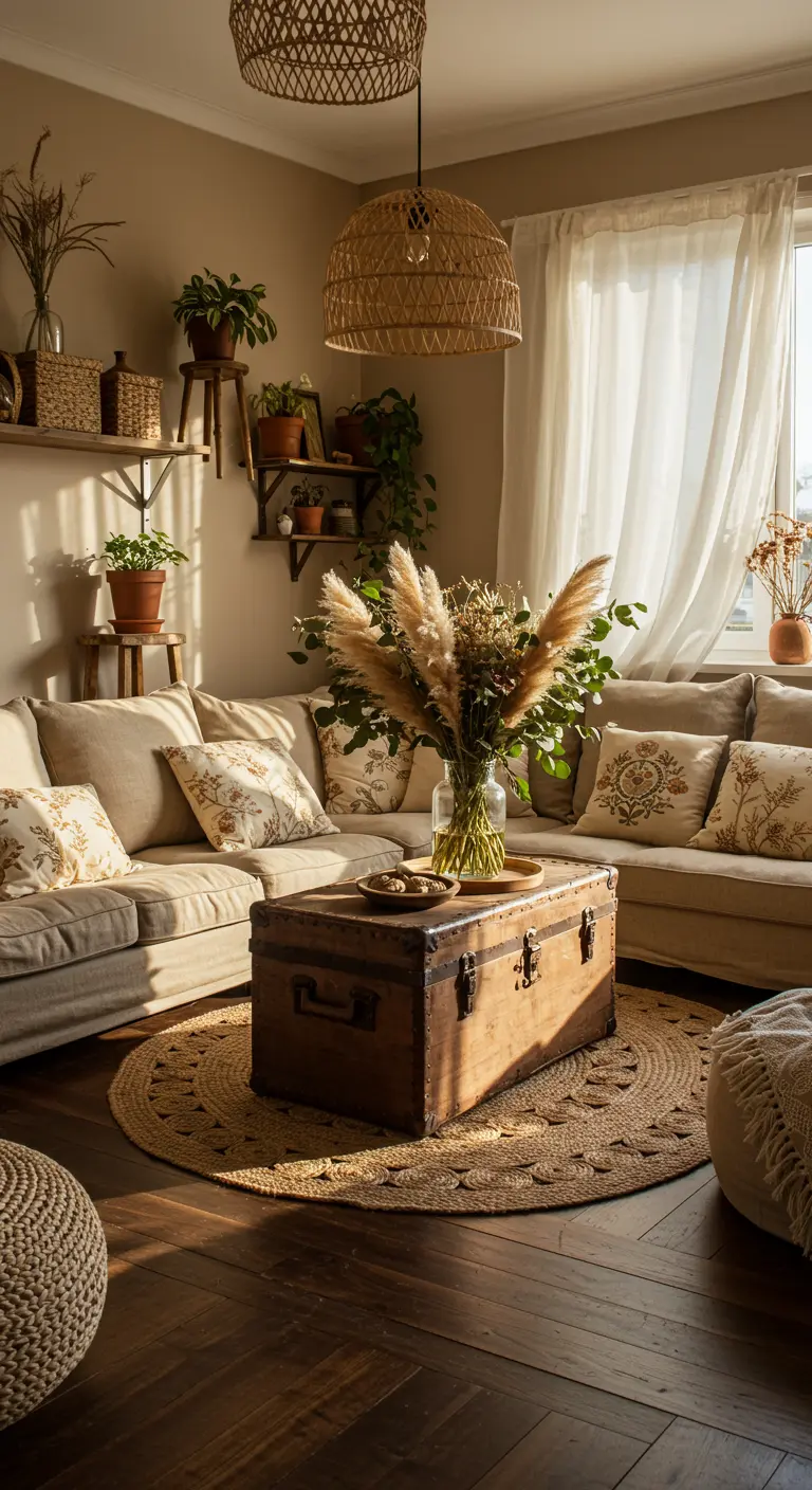 Woonkamer met jute vloerkleed, rieten lamp en gedroogde bloemen.