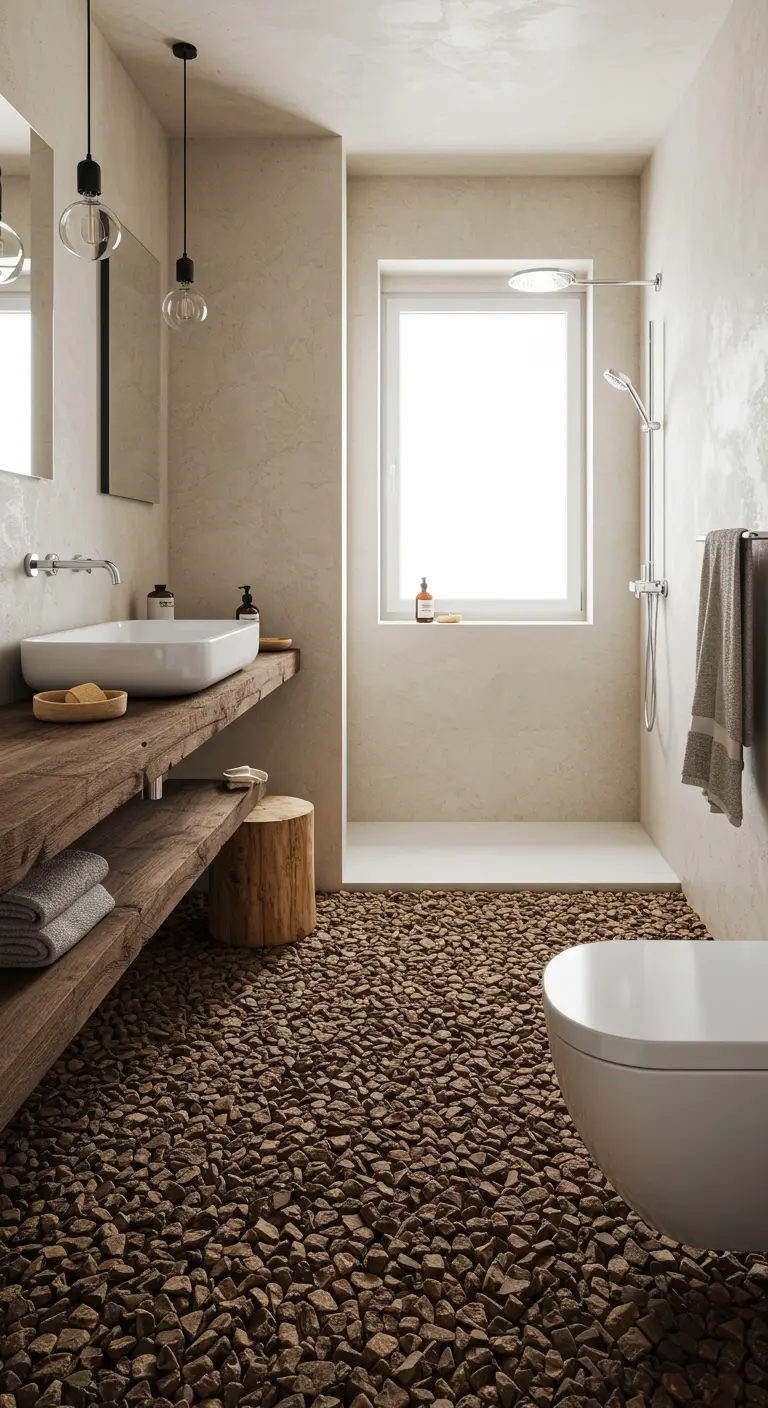 Badkamer met kiezelsteenvloer, ruw houten wastafelblad en witte wanden.