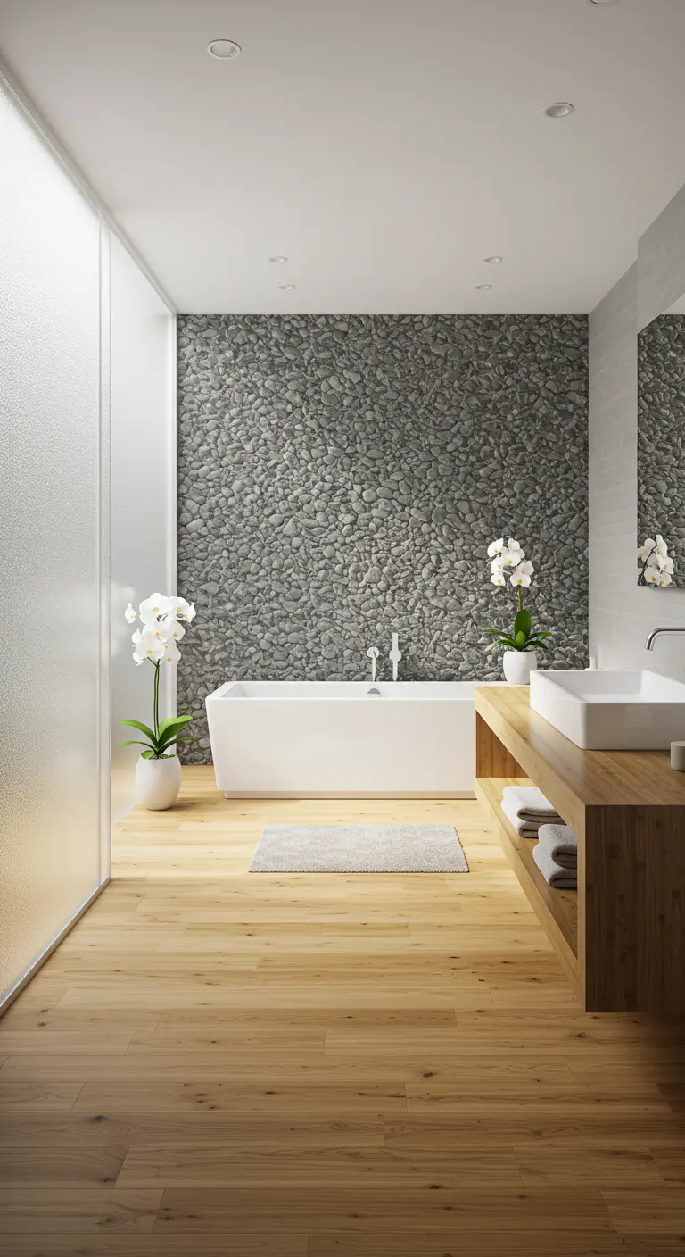 Moderne badkamer met kiezelstenen accentmuur achter bad en houten vloer.