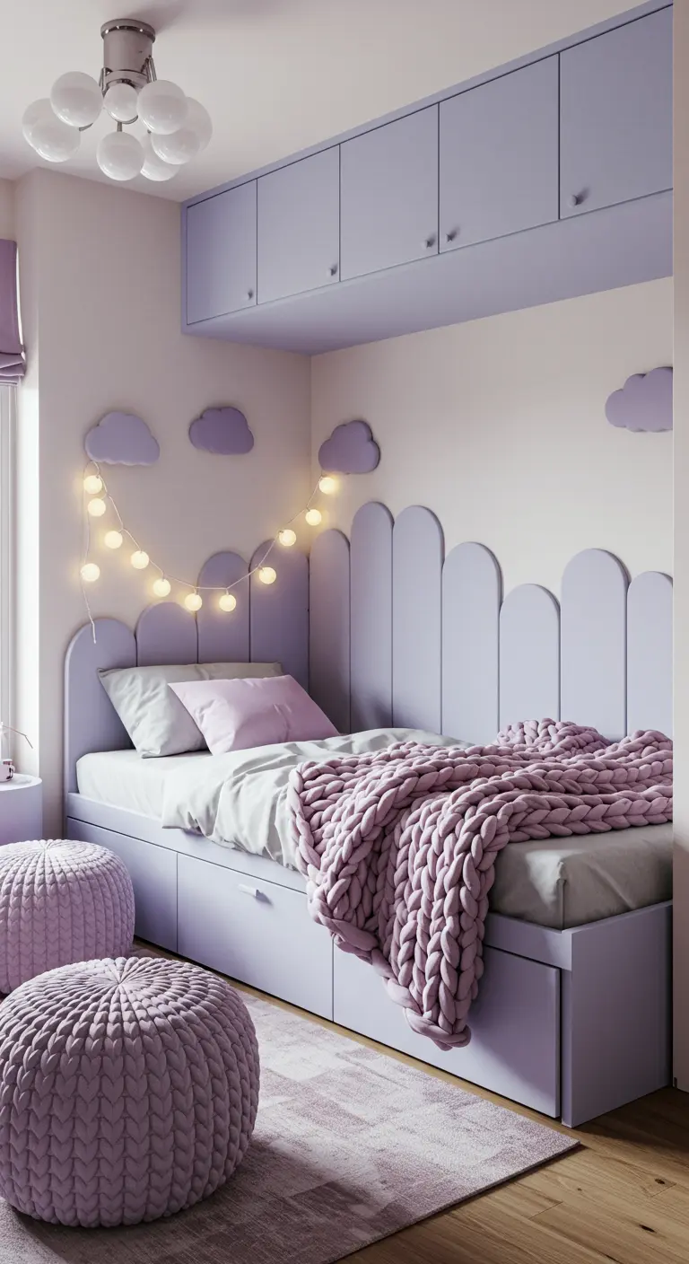 Kinderkamer met paars bed, lades, wolken decor, lichtslinger en gebreide poefs in lila.