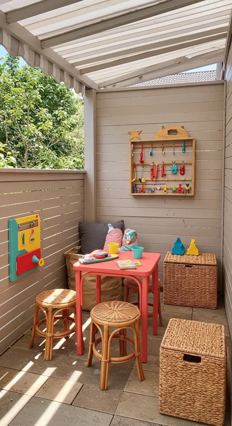 Beschutte kinderspeelhoek met lage rotan krukjes, speelgoedmanden en een kleurrijk tafeltje.