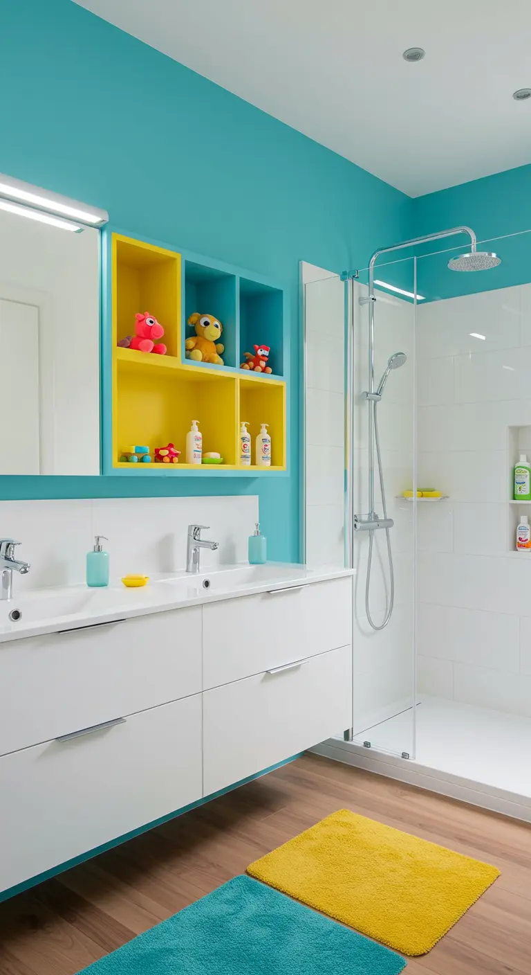 Kindvriendelijke badkamer met turquoise muren en gele, blauwe opbergkubussen boven de wastafel.