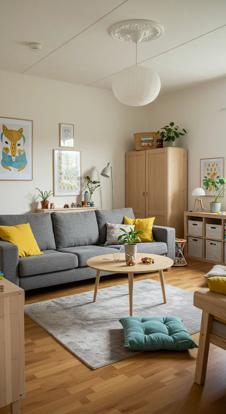 Kindvriendelijke Scandinavische woonkamer met grijze bank, gele accenten en houten opbergers.