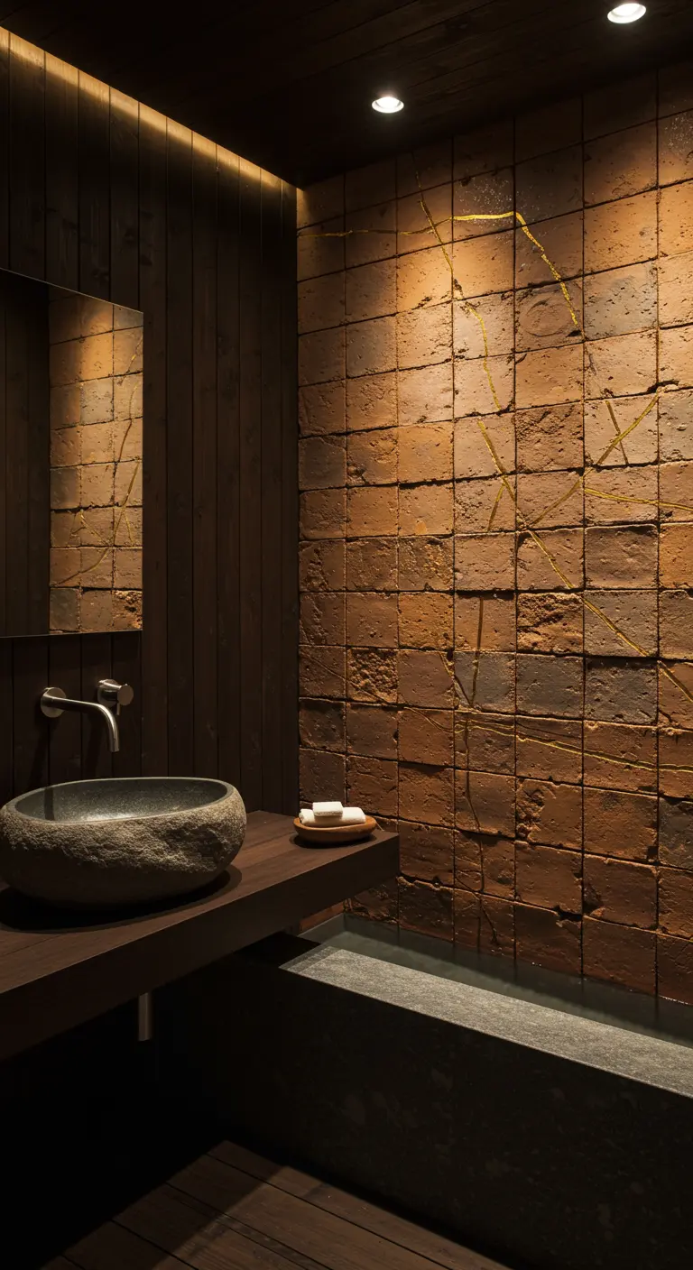 Donkere badkamer met ruwe bakstenen muur versierd met gouden lijnen in Kintsugi-stijl, en een stenen waskom.