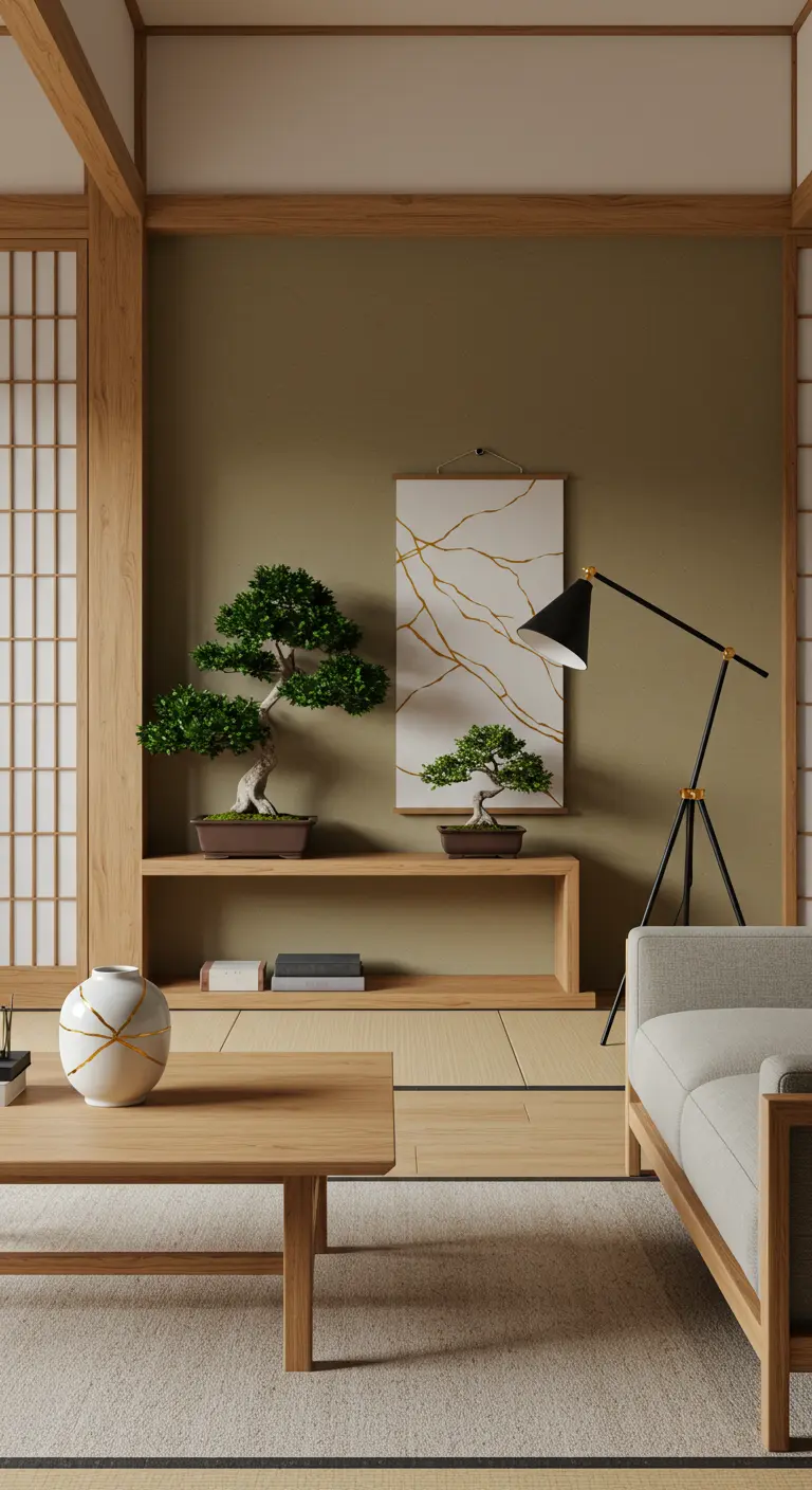 Japandi interieur met bonsaiboompjes, houten meubels en een vaas met Kintsugi gouden reparaties.
