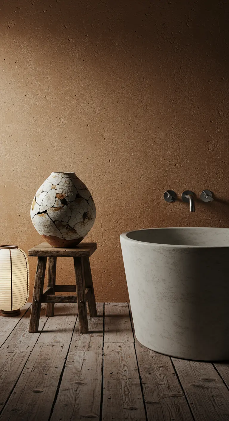 Wabi-sabi badkamer met een Kintsugi-stijl gebarsten vaas op een houten krukje naast een stenen bad.