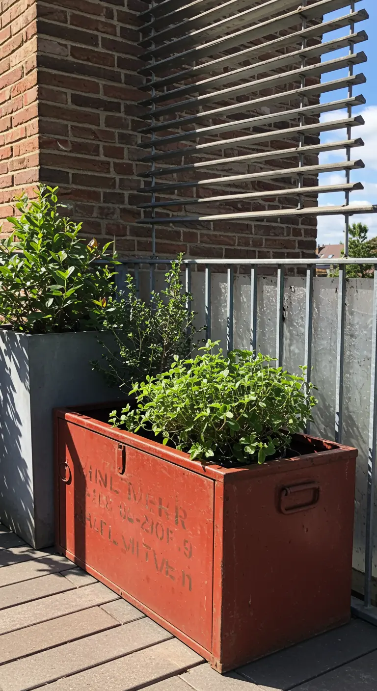 Rode metalen industriële kist gebruikt als plantenbak op een houten vlonder.