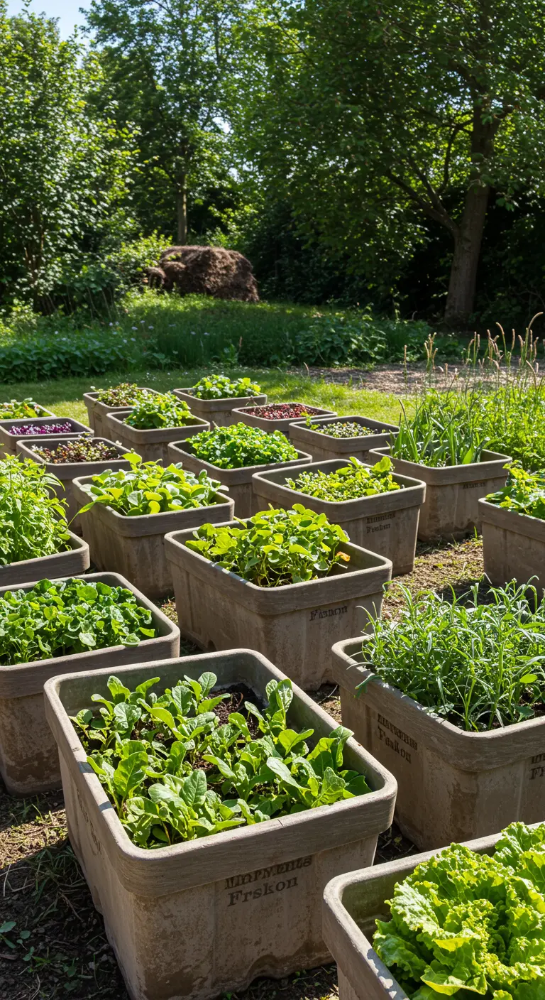 Rijen oude industriële bakken gebruikt als verhoogde bedden voor een moestuin.