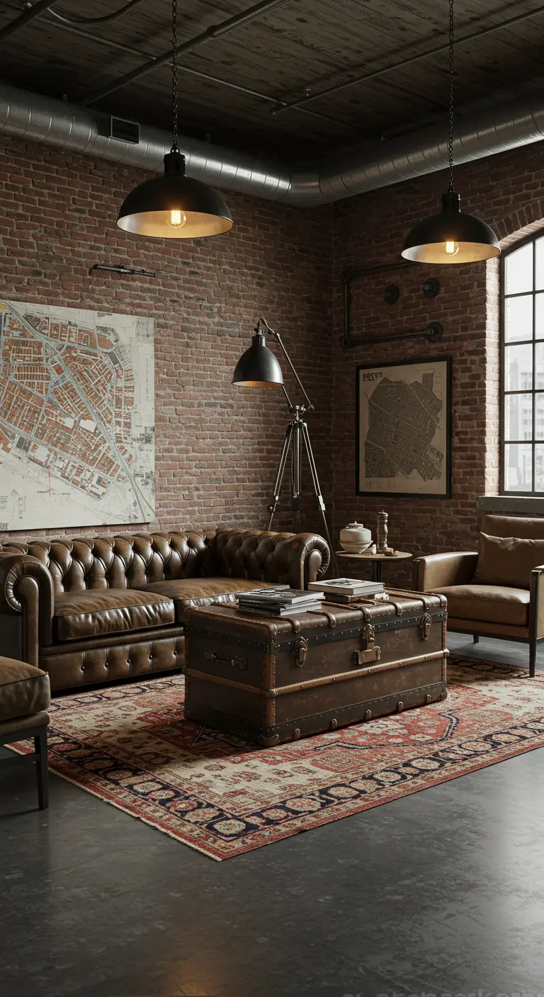 Industriële woonkamer met leren bank en oude kist als salontafel.