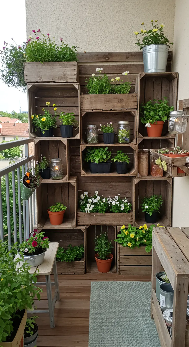 Gestapelde houten fruitkistjes gevuld met planten en bloemen op een balkon.