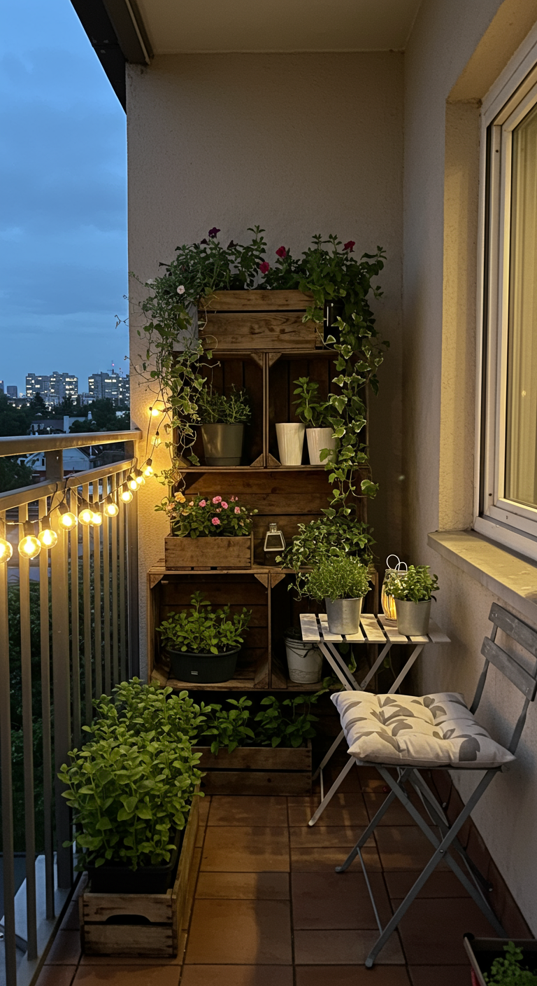 Gestapelde houten kistjes als plantenrek op balkon bij schemering.
