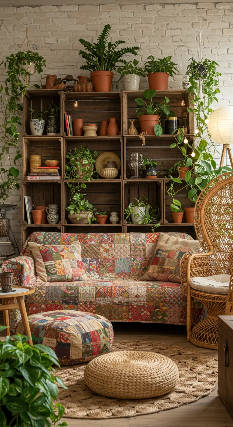 Gestapelde houten fruitkistjes als boekenkast achter een bank met patchwork sprei.