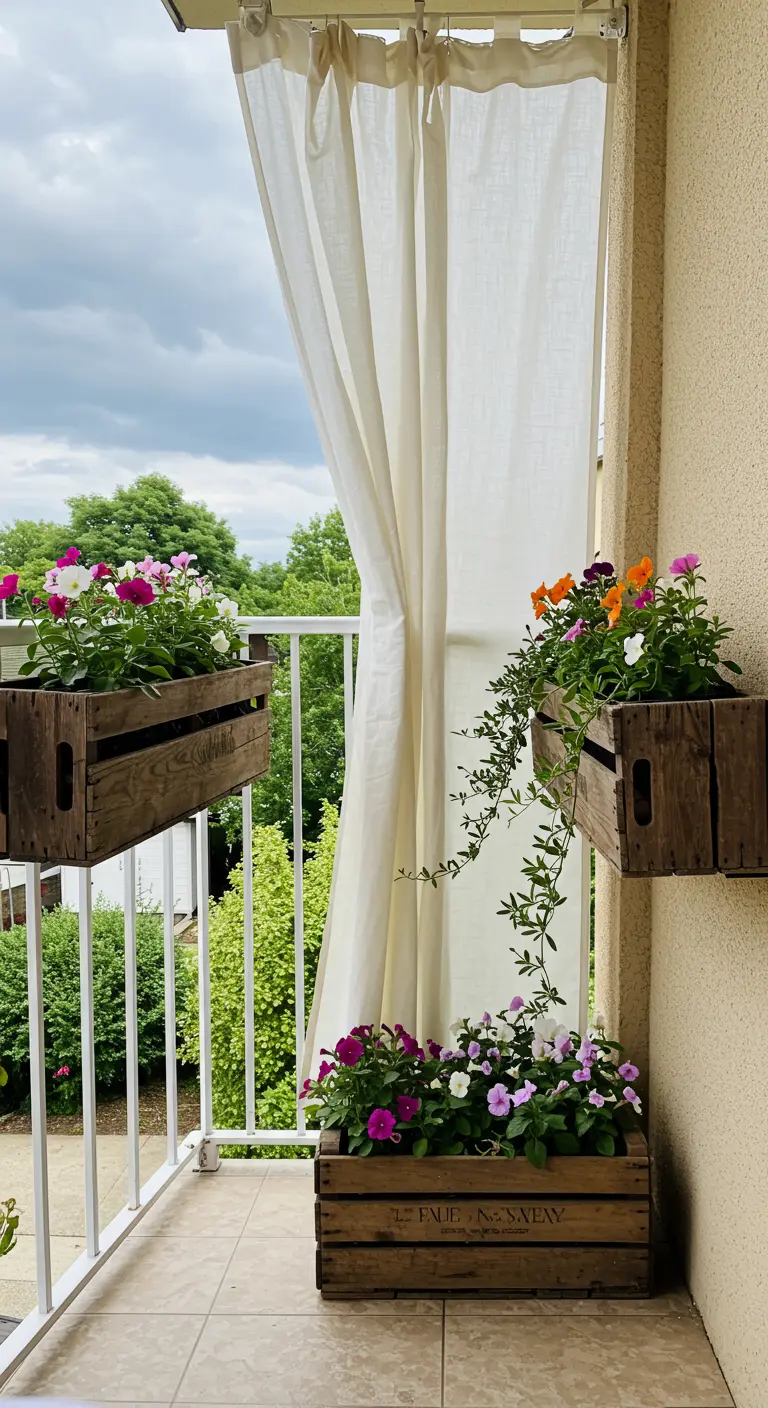 Houten kistjes als bloembakken op een balkon, met een wit gordijn.