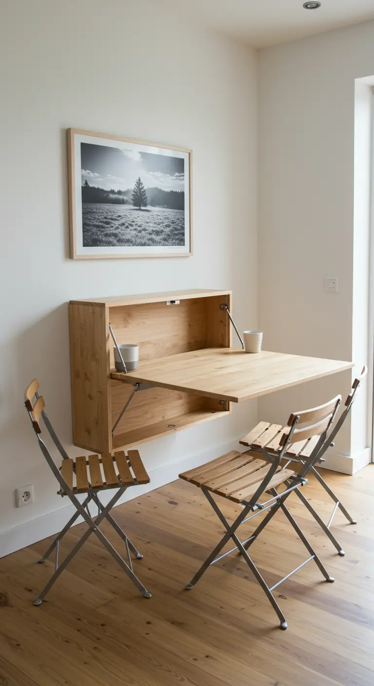 Houten opklapbare wandtafel met twee opklapbare houten stoelen.