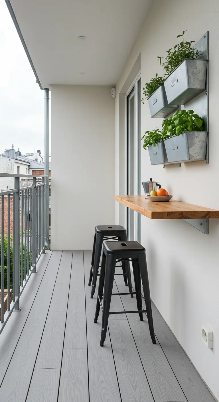 Smal balkon met opklapbare houten bartafel, metalen krukken en verticale plantenbakken.