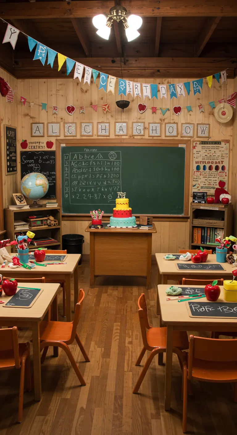 Verjaardagsfeest met vintage schoolthema, schoolbord en schoolbankjes.