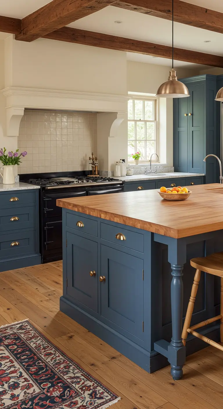 Landelijke keuken met donkerblauwe kasten, houten eilandblad en crèmekleurige muren.