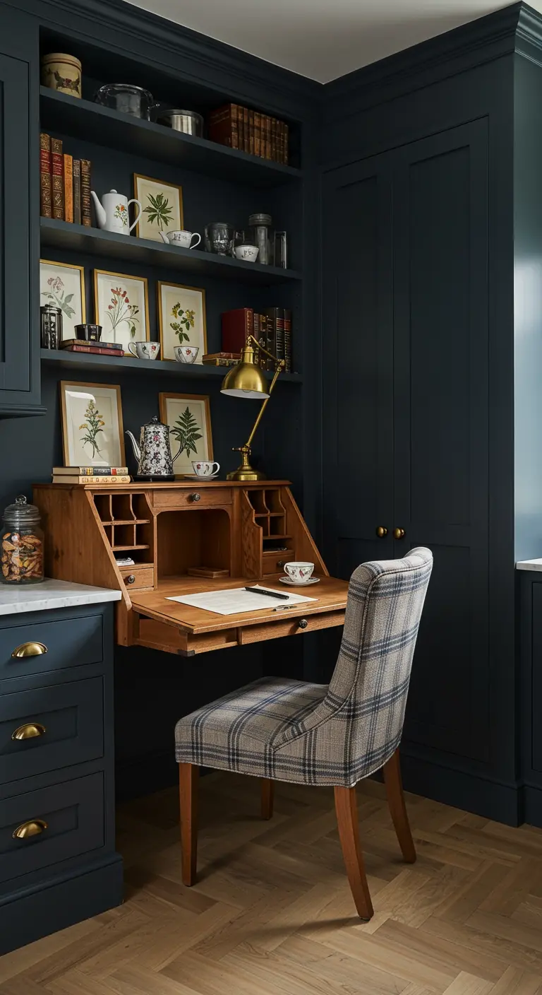 Donkerblauwe keuken met houten secretaire als theehoek, met ruitjesstoel.