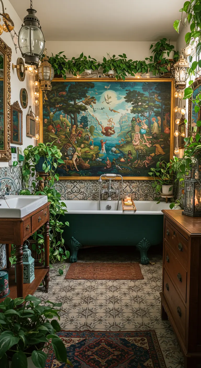 Bohemian badkamer vol planten met een groot klassiek schilderij boven een donkergroen bad.